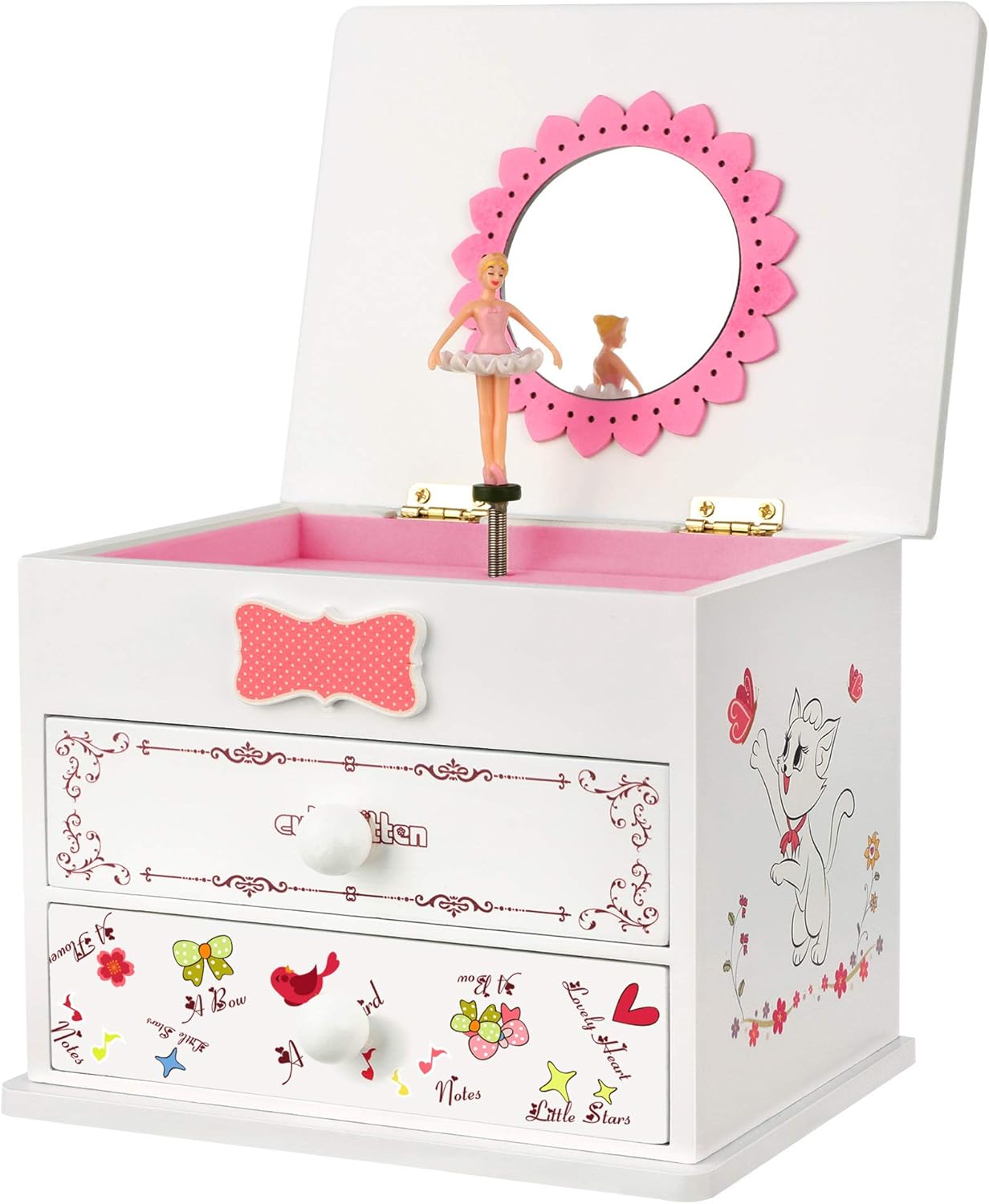 SONGMICS Ballerina Music Jewelry Box for Little Girls, Cartoon Cat, Fur Elise Melody, 5.9"L x 4.5"W x 4.8"H, White: Furniture & Decor