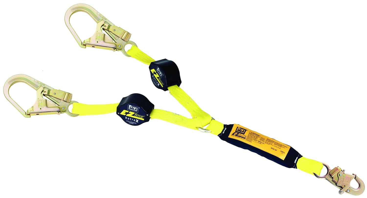 3M DBI-SALA Retrax 1241481 Shock Absorbing Lanyard, 6' 100 Percent Tie-Off Retractable Web and Snap Hook At Center, Steel Rebar Hooks At Leg Ends, Navy/Yellow