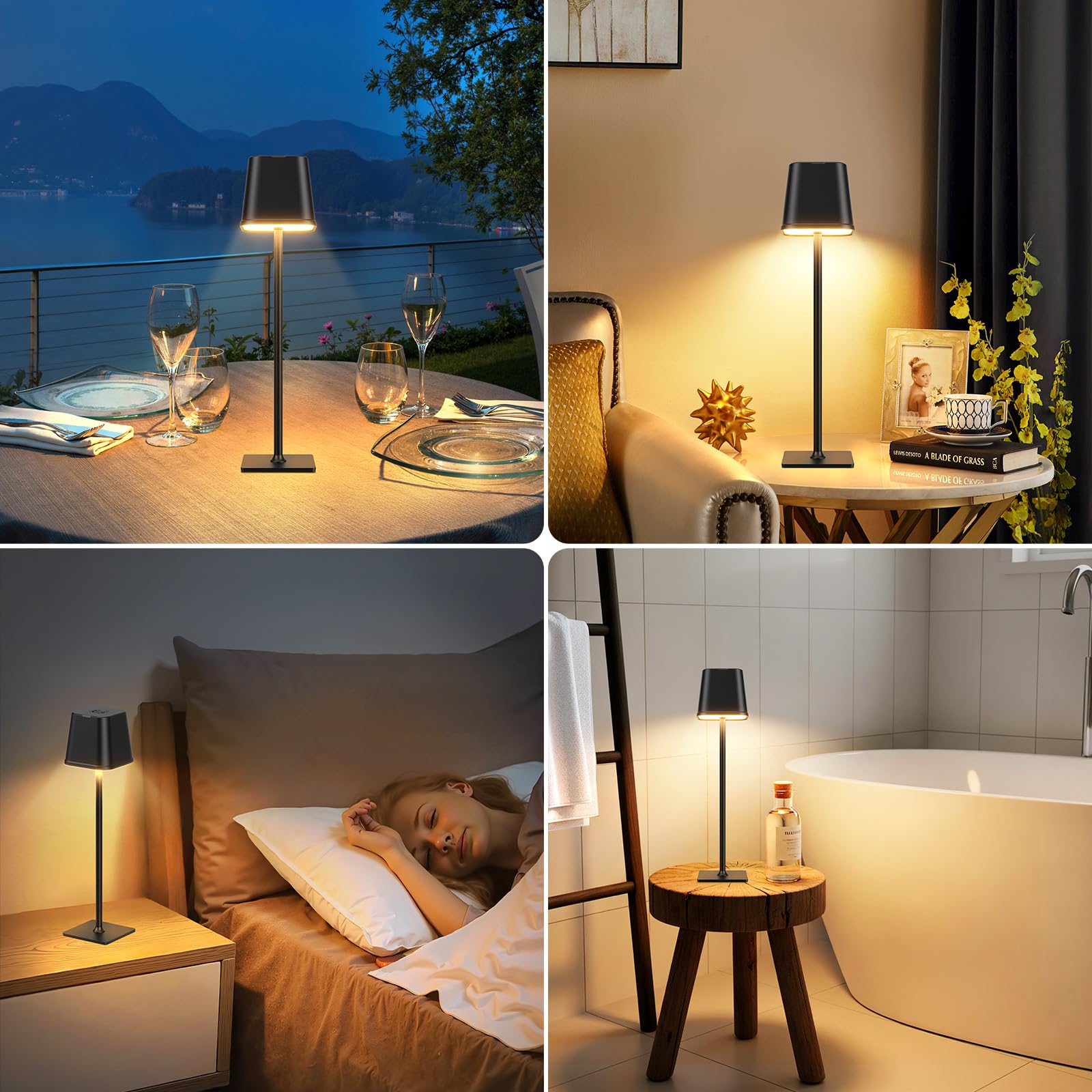 RECHOO LED Tischlampe Kabellos 2 Stück , Dimmbare Nachttischlampe Touch, Schreibtischlampe, Lese Lampe, Tischleuchte Outdoor und Indoor, USB-C, Camping Lampe, Warmweißes Licht 9