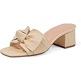 Erocalli Heeled Sandals for Women Raffia Sandals Chunky Block Heels Square Toe Summer Mules Slip On Dressy Sandal Low Short Heels With Bow