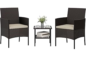 Outsunny 3 Piece Wicker Patio Furniture Set, Rattan Bistro Set with 2 Patio Chairs, 2-Tier Glass Table, Cushions, Outdoor Con
