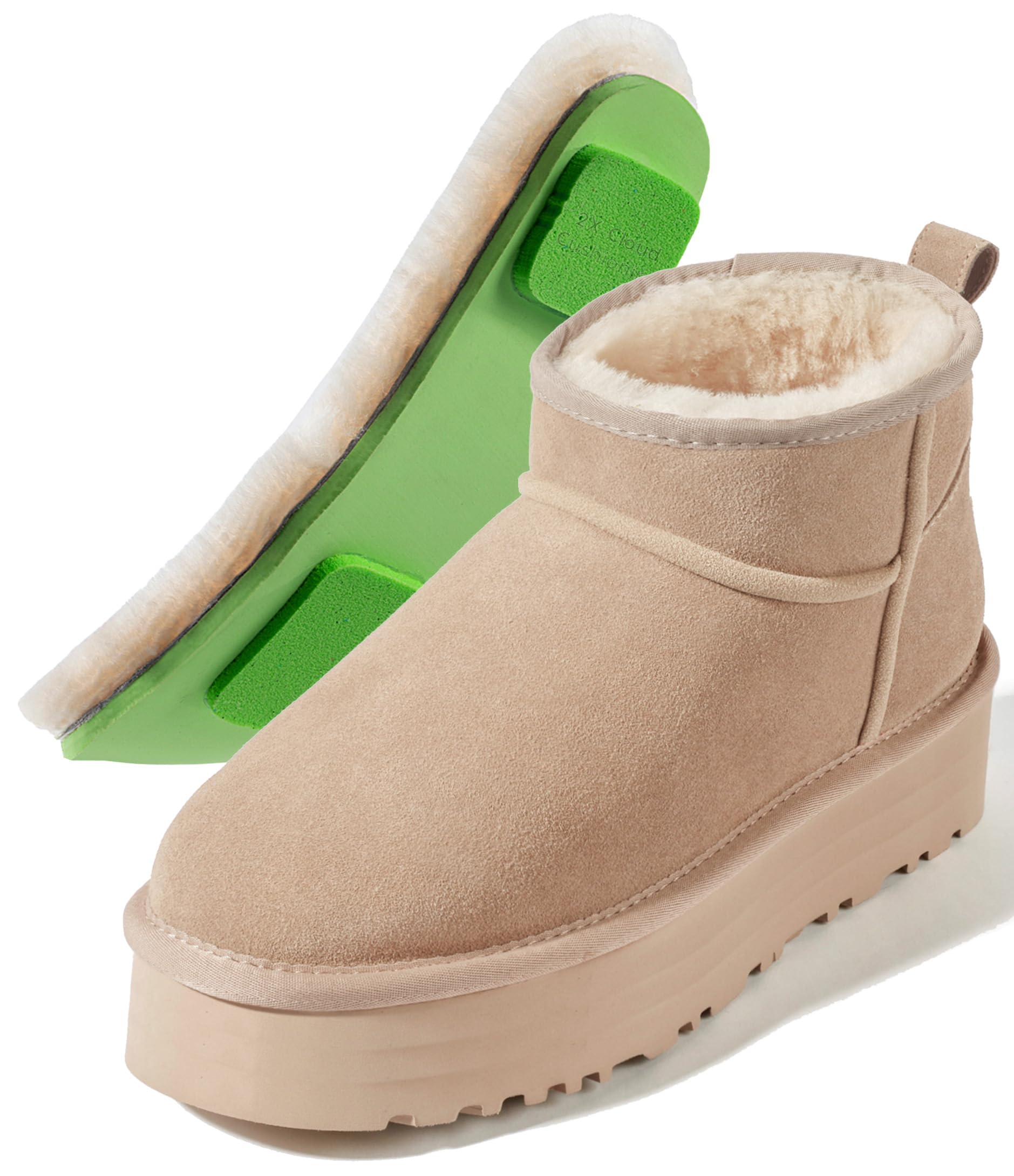Mel&Syd 100% Australian Sheepskin Mini Boots Women - Waterproof Suede Platform Snow Boots - Wool Shearling lined Short Winter Boot Lightweight Non Slip Momery Foam Sole - Warm Comfy Fur Ankle Boot Sand Size 11 Image