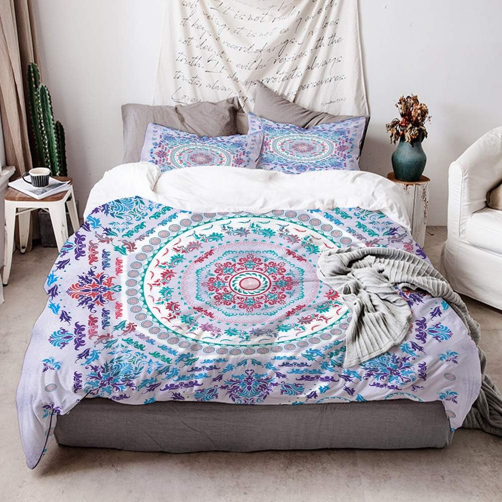 KIMDFACE Duvet cover,mandala medallion design floral and leaf free bobby hippie style print,Microfibre quilt cover 135x200cm, 2 Pillowcase 50X80cm