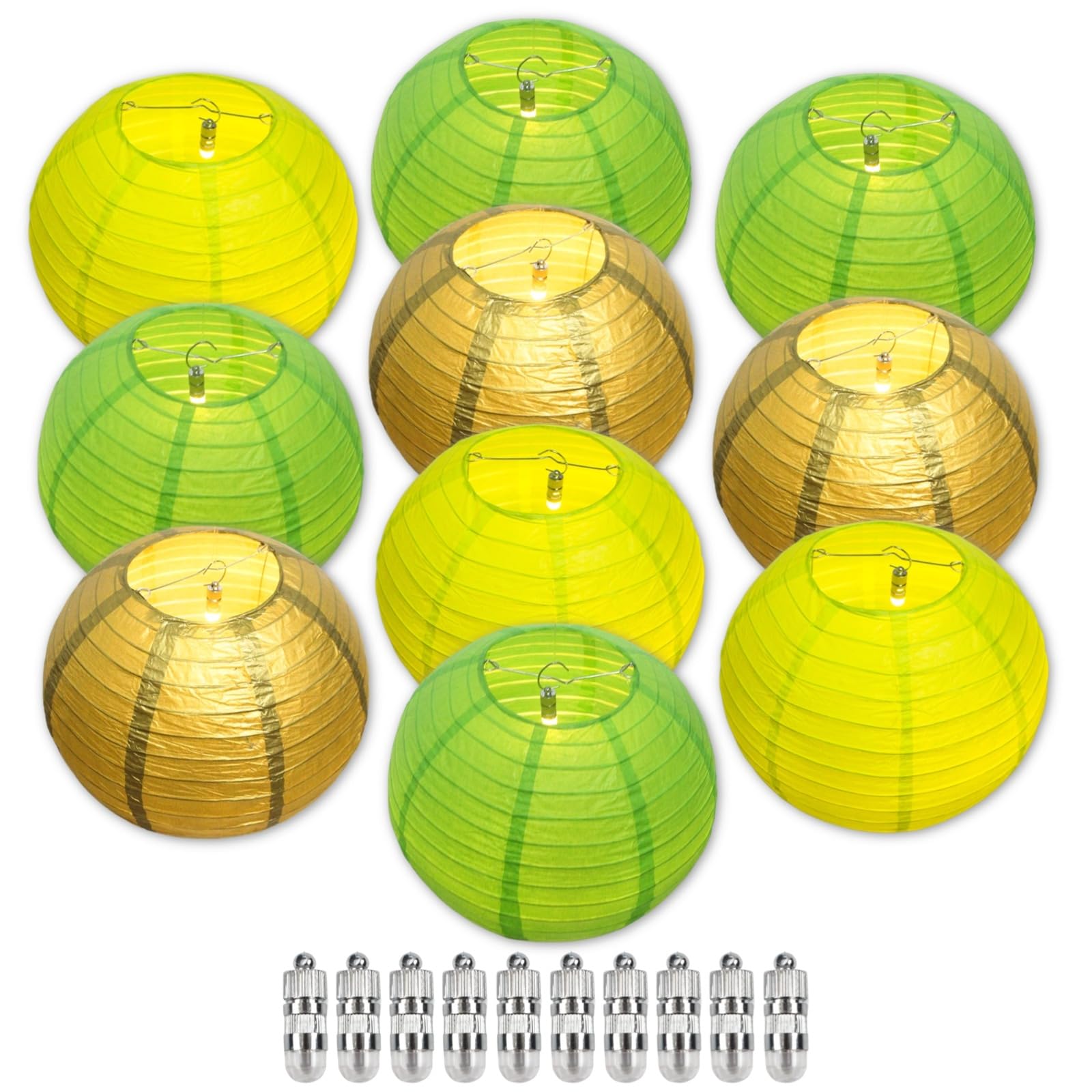 Photo 1 of Ethbirsge Chinese Paper Lanterns for Birthday Party Decorations – Hanging LED Lights for Ceiling Decor, Rainbow Classroom, Wedding Decorations, and Home Party – Pack of 10,Green/Gold 10-Inch
