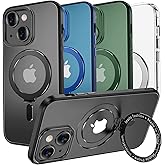 MAGIC JOHN for iPhone 13 Case/iPhone 14 Case(6.1 inch) [Compatible with Magsafe] [with Magnetic Metal Stand][Military Grade Shockproof][Anti Yellowing],Translucent Matte Back with Soft Edge,Black