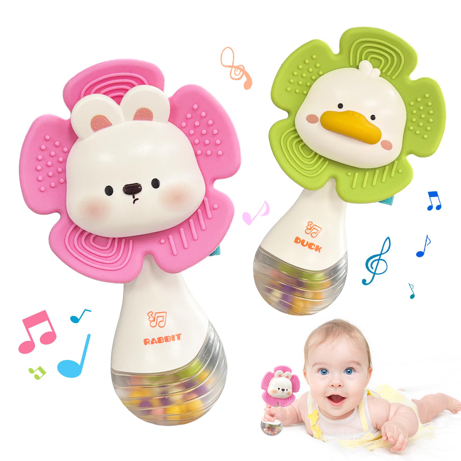 Weirtoya 2 PCS Baby Rattles Teething Toys 3-6 Month, Baby Toys for 0-12 Months Sensory Toys Infant Toys 0-6 Months, Newborn Boys and Girls Must Haves Toys Babies Gifts