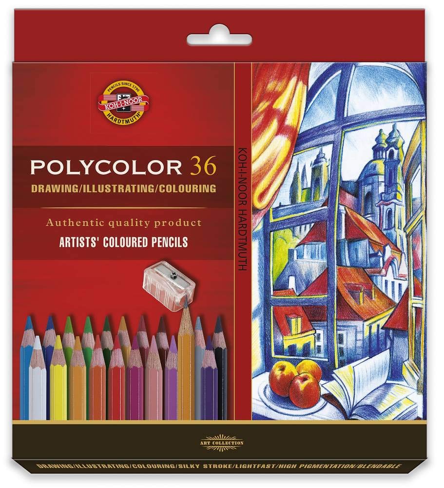 Koh-I-Noor 3835 POLYCOLOR - Artist Pencils with Sharpener and 2 Graphite Pencils in a Cardboard case - Assorted Colours, 36 Pieces