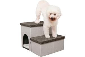 HOMELYSIAN Dog Stairs for High Beds, Folding Pet Steps for Small Dogs and Cats with Storage and Condo, Non-Slip Dog Steps for Couch and Bed up to 22 inches(2 Steps, Beige-Brown)