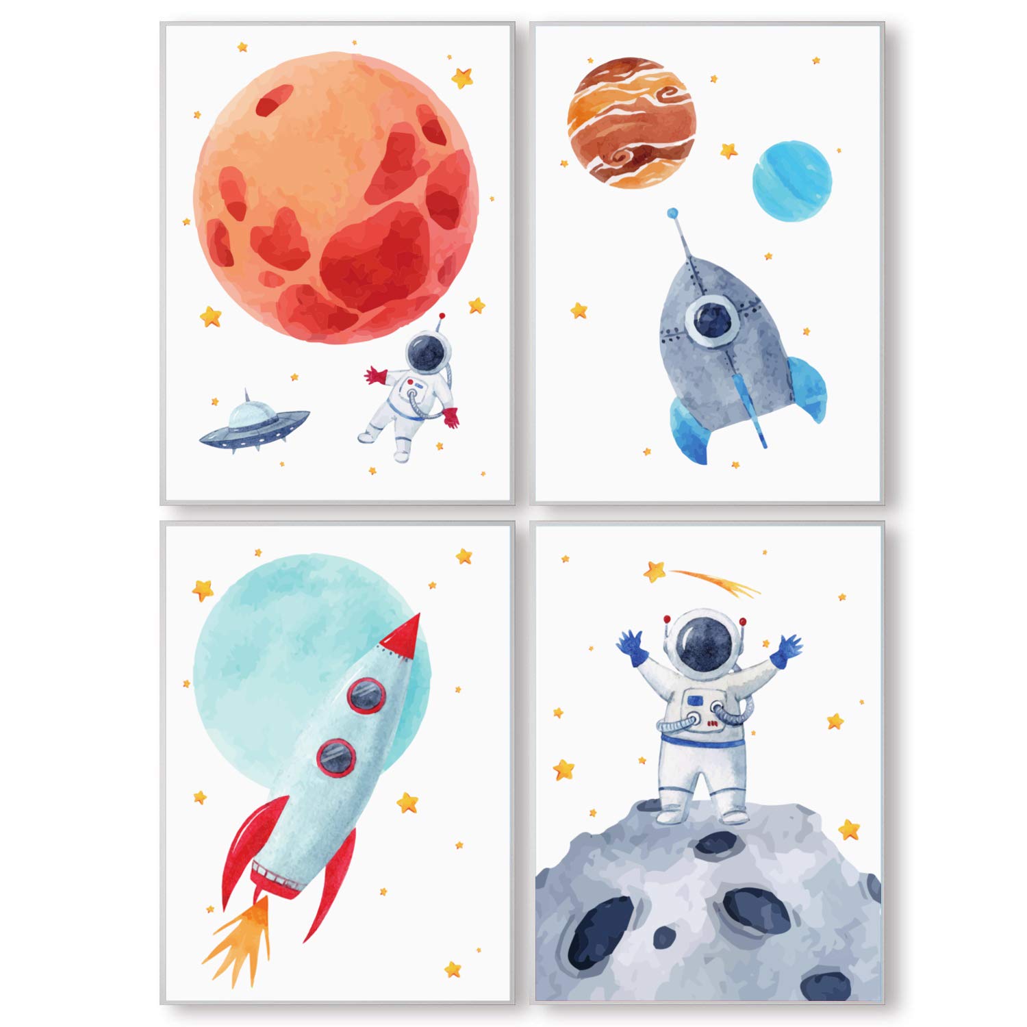Pandawal Children's Room Pictures for Boy and Girl Space/Astronaut/Planets Deco 4 Poster Set (S2) for Children Wall Pictures in DIN A4 20x30 cm Posters