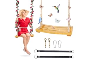 Premkid Hanging Wooden Swing, Swing Seat 18"x 8"x 1.4", Tree Swing for Adults and Kids, Indoor Swing with Rose Garland, Adjustable Hemp Rope Plus Tree Straps 100 inch, Swing Set for Indoor and Outdoor