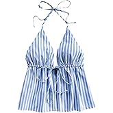 Floerns Women's Striped Sleeveless Halter Tops Cute Tie Front Split Hem Camisole