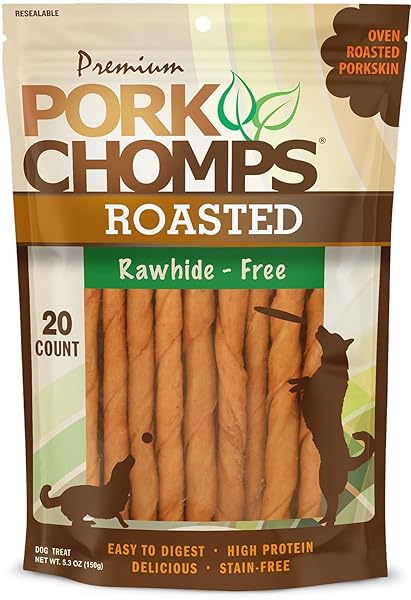 PORK CHOMPS ROASTED PORK SKIN DOG CHEWS, 5-INCH MINI TWISTS, 20 COUNT