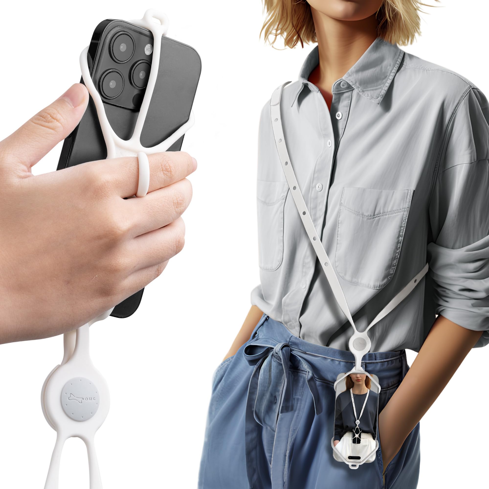 Bone】Adjustable 3-in-1 Lanyard Strap Universal Cell Phone Lanyard | Finger Ring Buckle, Scratch-Resistant | Fits 4.7-7.2" Phones, Crossbody/Neck/Shoulder-Lanyard Phone Tie 4 White