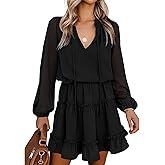 BTFBM Long Sleeve Fall Dresses for Women 2026 Summer Casual Tie Neck Ruffle Tiered A Line Wedding Guest Short Mini Dress