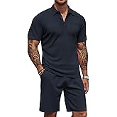 COOFANDY Men's Waffle Knit Polo Shirt and Shorts Set 2 Pieces Outfits Summer Suit Casual Tracksuit with Pockets