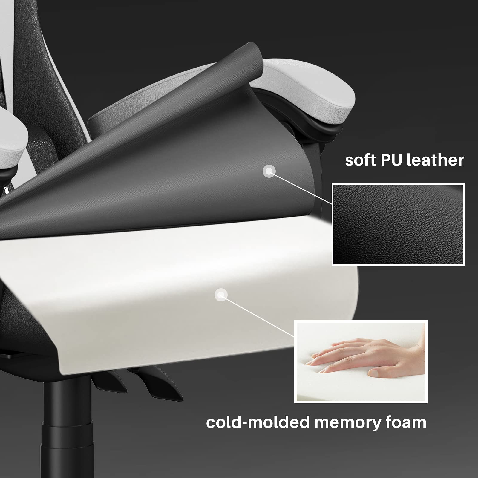 bigzzia Gaming Stuhl Ergonomisch Gaming Chair mit Lendenkissen und Kopfstütze, Gamer Stuhl Höhenverstellbar, Pc Stuhl für Erwachsene Mädchen Junge, Schwarz-weiß 4