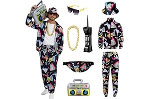 PWQMGY Retro 80s 90s Outfit for Men - 8-Piece Vintage 80s Halloween Costumes for Men-Tracksuit Set with Hip-Hop Accessories