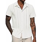 DEMEANOR Mens Linen Short Sleeve Shirt Cuban Guayabera Button Down Casual Summer Beach Vacation Wedding Shirt