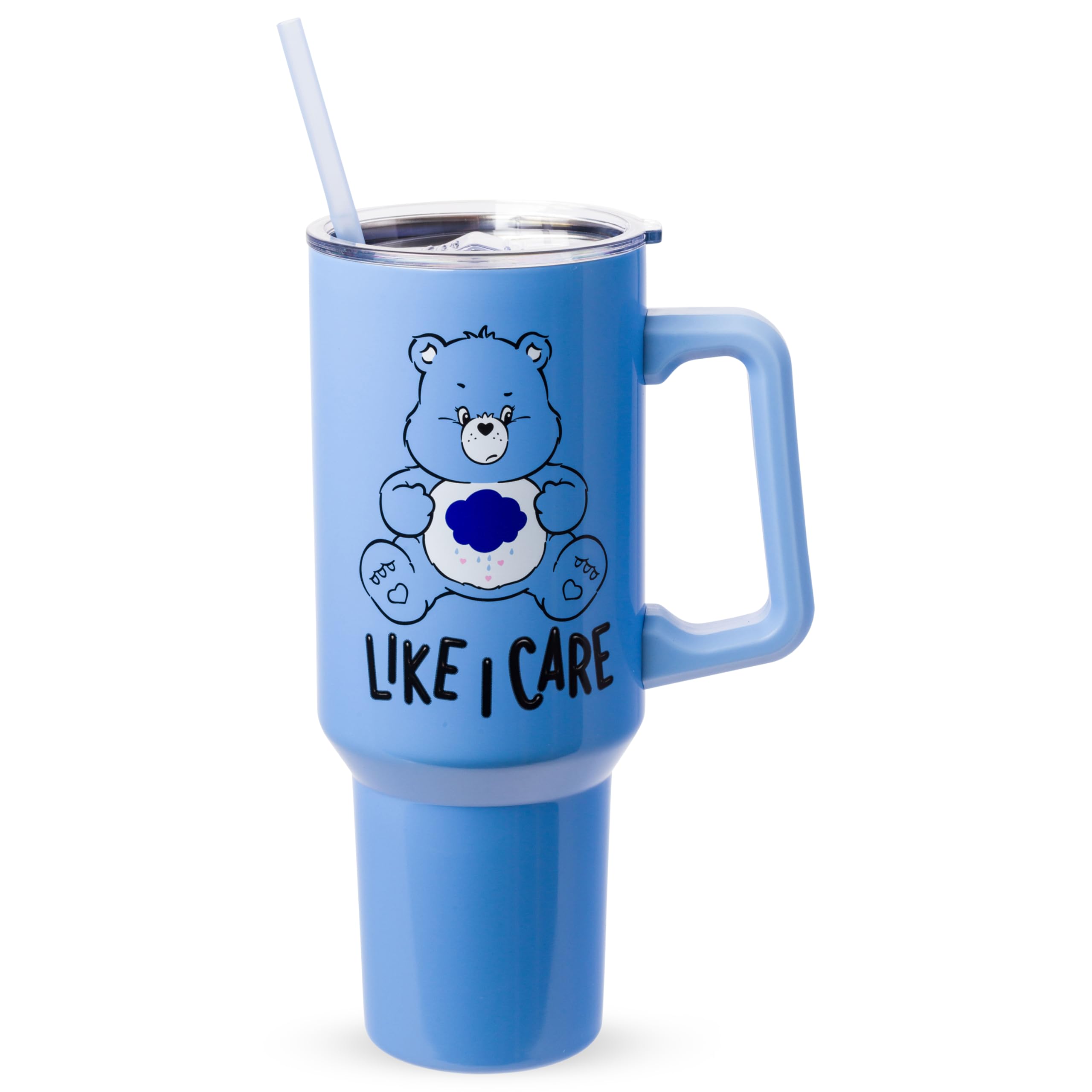 Silver Buffalo Care Bears Grumpy Bear Like I Care Stainless Steel Tumbler with Handle and Straw, Fits in Standard Cup Holder, 40 Ounces (Pack of 12) Image