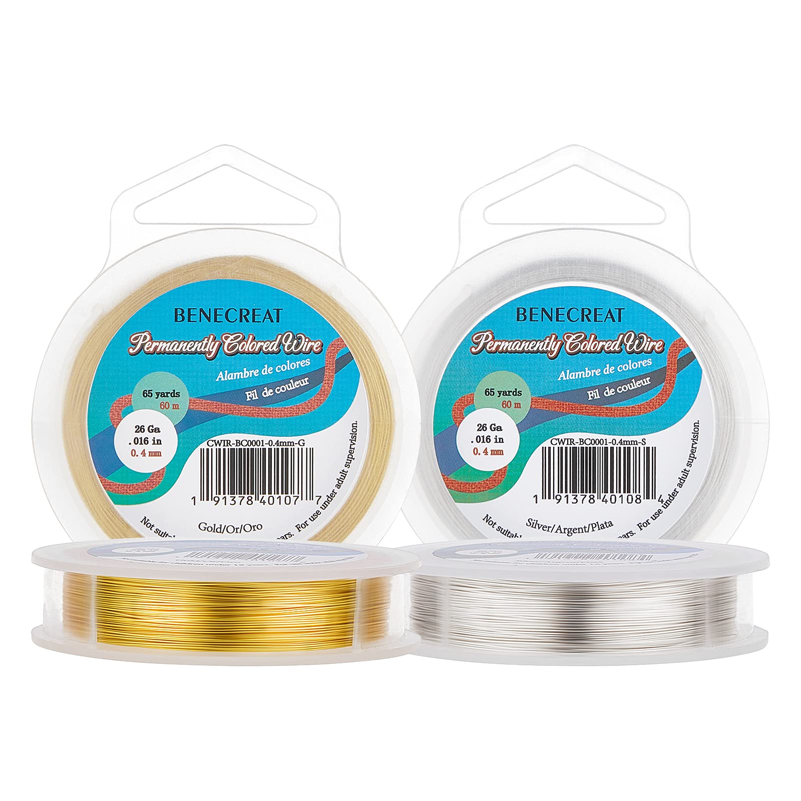 BENECREAT 2 Rolls 26Gauge (0.4mm) Tarnish Resistant Silver/Gold Coil Wire Jewelry Making Copper Wire, 396Feet/120m in Total