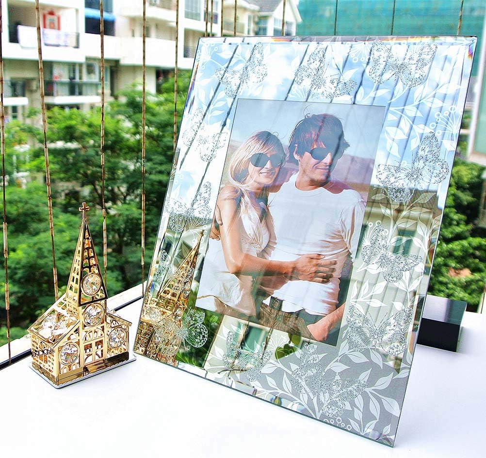 CN CRAFTS 4 X 6 Photo Frames with Hand-Polished Beveled Edge and Silver Glitter Butterflies and Vine Printing in Mirror Glass