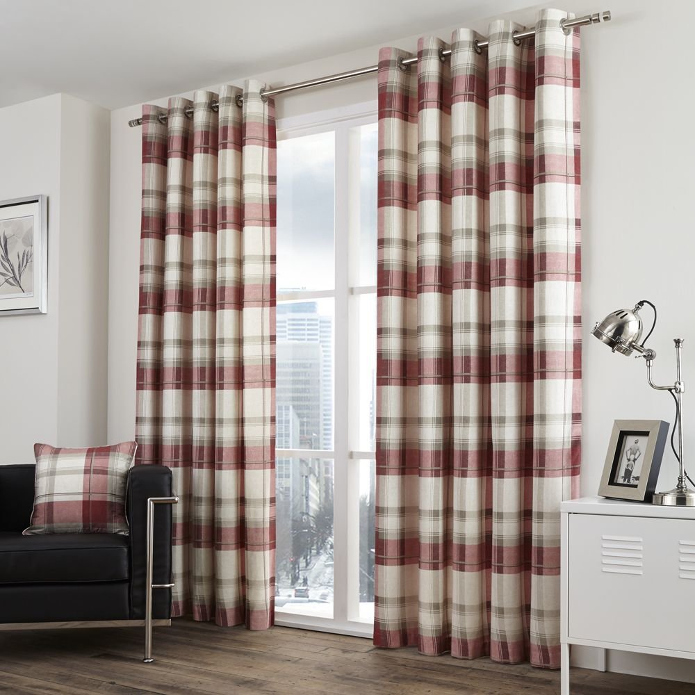 Fusion - Balmoral Check - 100% Cotton Pair of Eyelet Curtains - 46" Width x 54" Drop (117 x 137cm) in Ruby