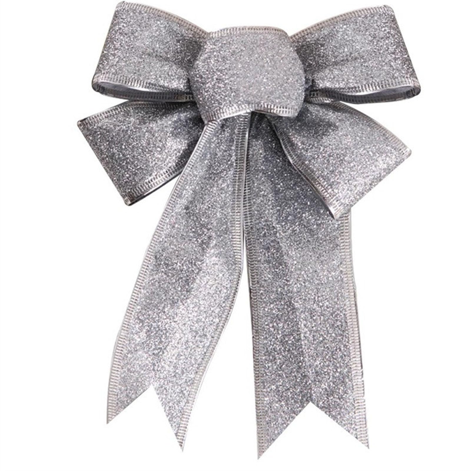 Photo 1 of 16 Inch Christmas Bow Large, Silver Glitter Christmas Tree Topper Bow for Outdoor Christmas Decor, All-Weather Xmas Door Bow with Gold Edge for Home Decor