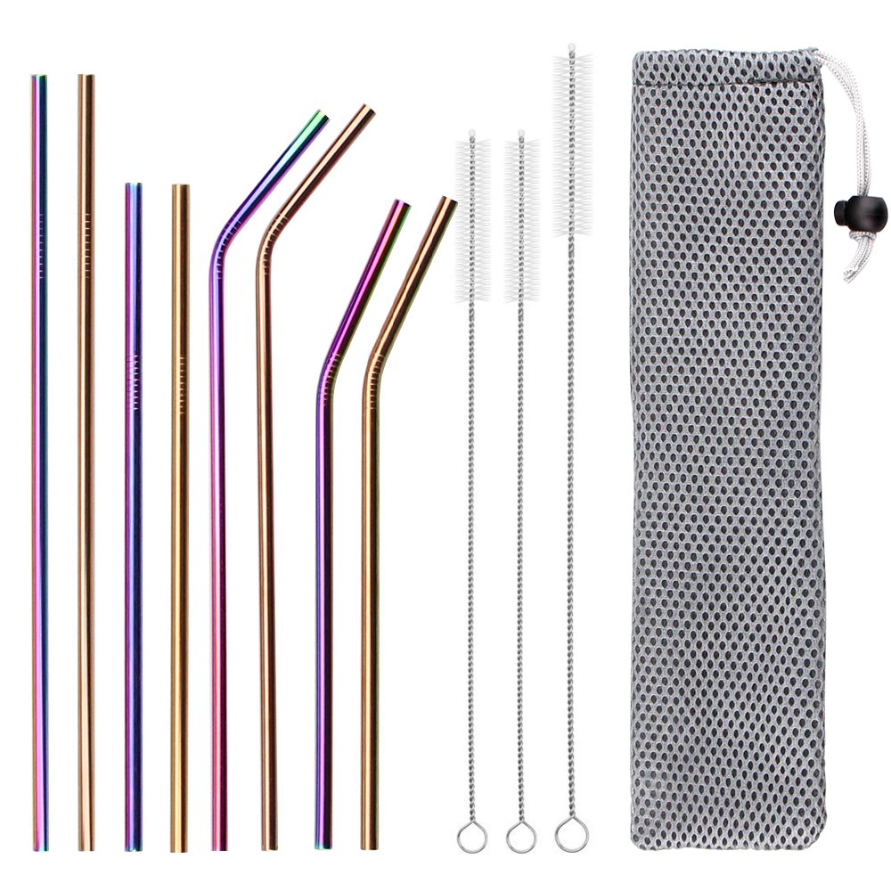 Stainless Steel Drinking Straws CEEBON Reusable Washable Rainbow Straws for 20 30oz Tumblers Ramblers RTIC Yeti Ozark Trail Tumblers Cold Beverage(4 Straight + 4 Bent + 3 Brushes)