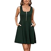 Kormei Women's Sleeveless Scoop Neck Zipper A-Line Flare Casual Summer Swing Mini Tank Dress with Pockets