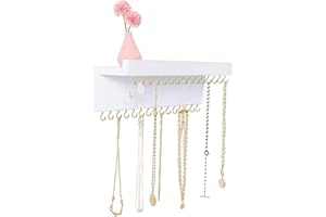 CCINPPY Necklace Holder Wall, Jewelry Holder Organizer Wall with 30 Jewelry Hooks and Shelf, Wooden Hanging Necklace Hanger Organizer Wall Mount for Necklaces Bracelets, and Chains White