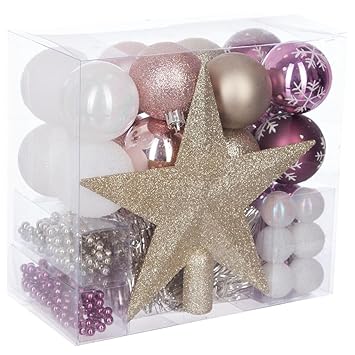 44 Teiliges Weihnachtsdeko Set Für Den Tannenbaum Weiß Gold Rosa Und Weinrot Girlanden Kugeln Und Sternbaumspitze