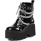 mikarka Women's Chain Platform Boots Lace Up & Zipper Chunky Heel Black Combat Ankle Booties Fashion Studded Motorcycle Boots