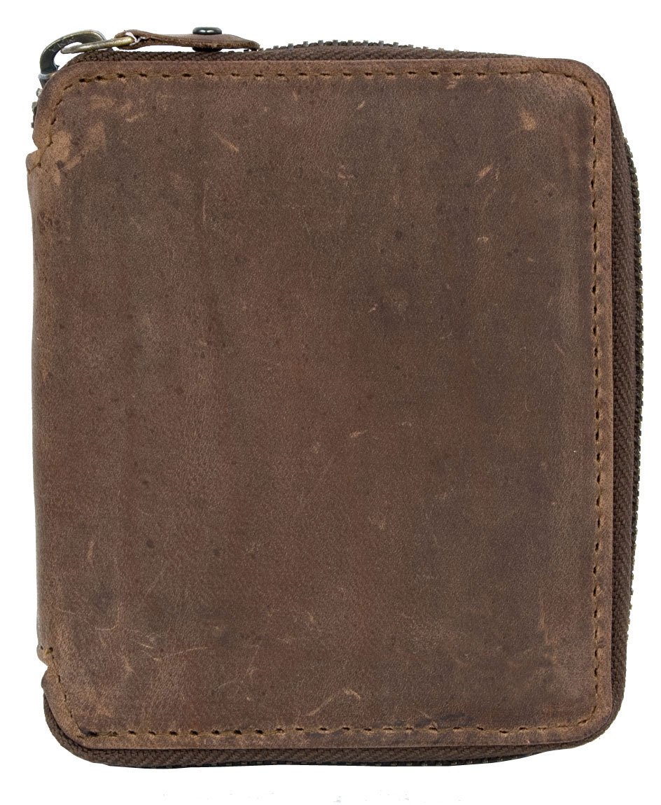 FLW Men's Pocket Sized Metal Zip-around Strong Genuine Leather Wallet