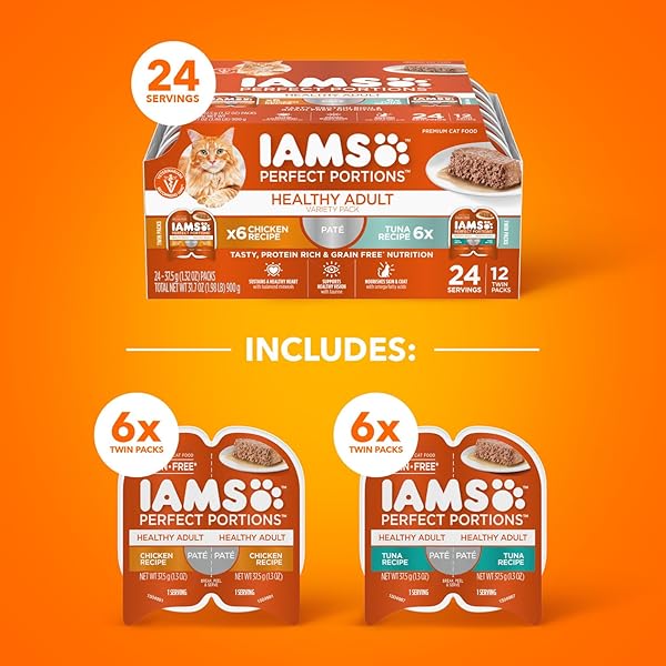 IAMS PERFECT PORTIONS HEALTHY ADULT WET CAT FOOD WITH CHICKEN AND TUNA RECIPE VARIETY PACK, EASY PEEL TWIN-PACK TRAYS, PACK OF 24 (48 TOTAL SERVINGS)
