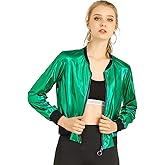 Allegra K Women's Halloween Jacket Sparkly Crew Neck Long Sleeve Holographic Lightweight 90S Shiny Metallic Bomber Jackets Medium Green
