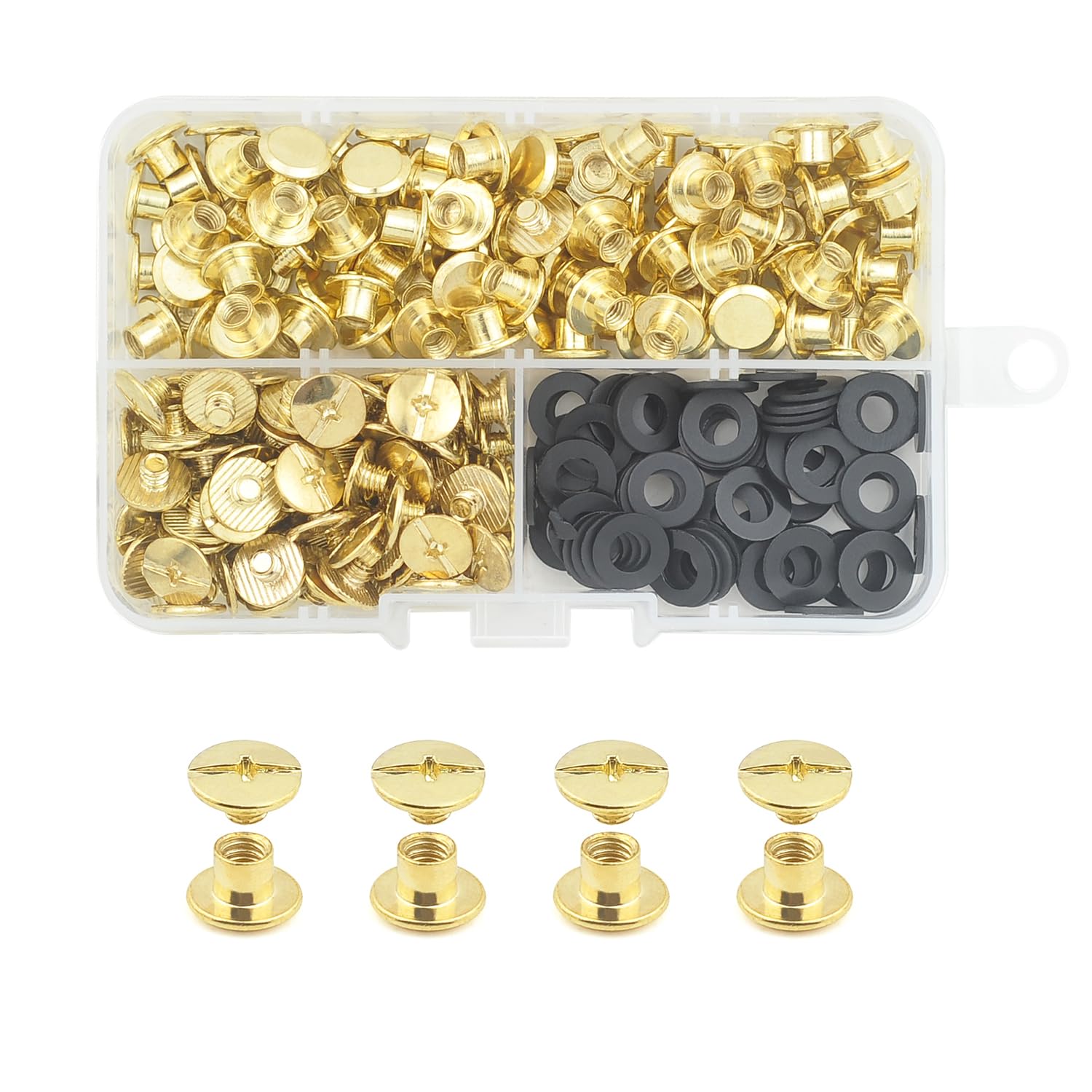 JINTANG 100 Sets M5x4mm Chicago Screws Leather Rivets for Fabric Chicago Binding Screws Buttons Metal Studs Rivets for Decorate and Repair Belts Bags Shoes Purse Dog Collar Leather Craft（Golden)