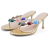 VOZTOLLS Flip Flop Heels for Women Thong Heels Round Open Toe Jeweled Sandals Summer Heeled Mules Fashion Wedding Party Dress Slip On High Heel Sandals