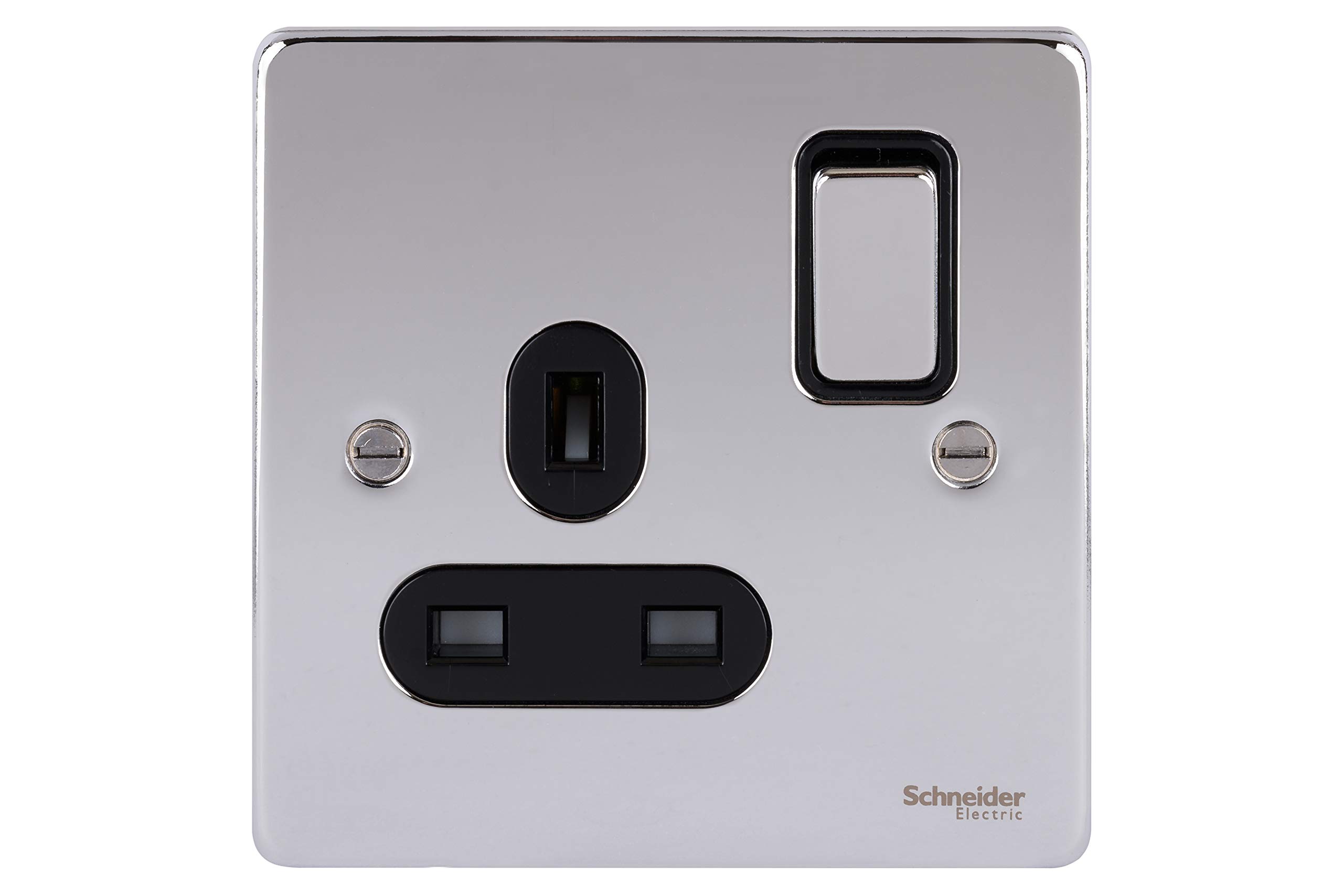 Schneider Electric GU3510BPC Ultimate Low Profile Polished Chrome Black Insert 1 Gang 13A Switched Socket