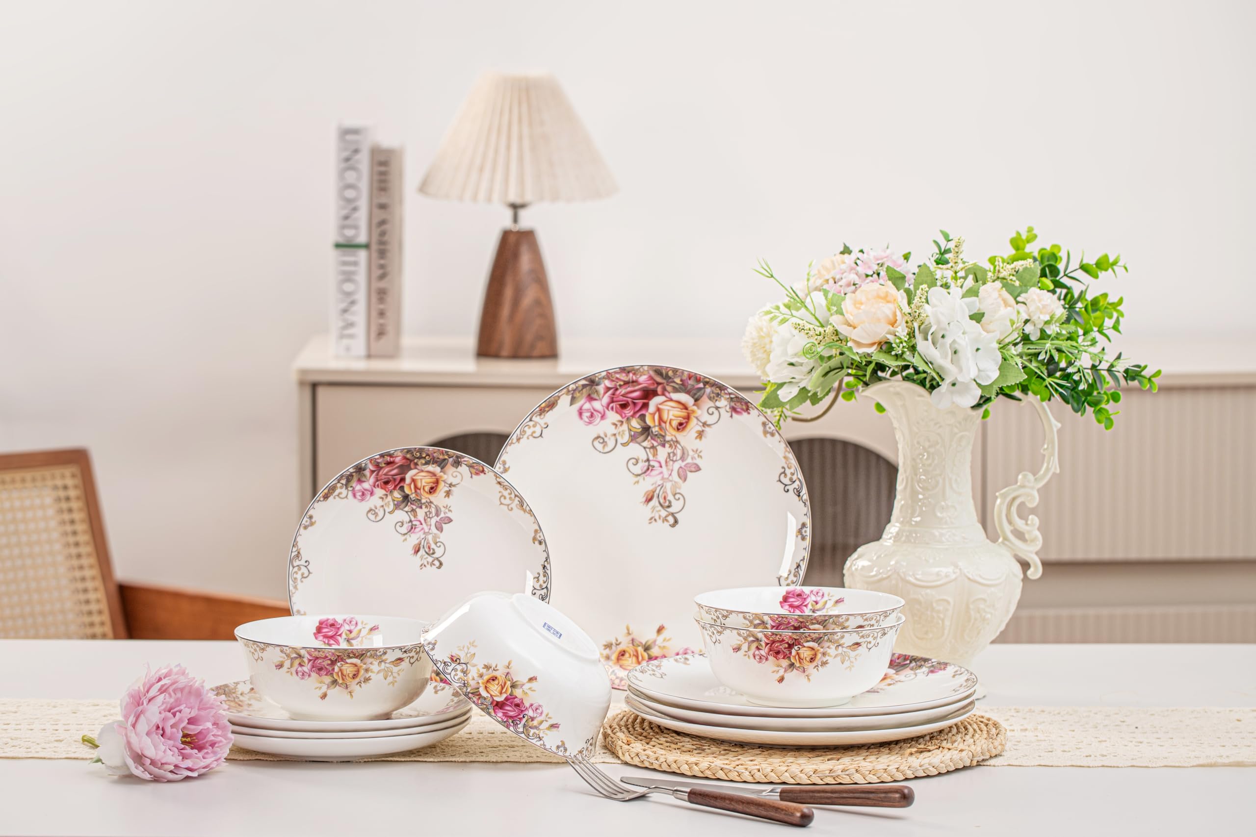 Photo 1 of **one bowl is broken**FHGNYSM Bone China Plates and Bowels,12-Pieces Dinnerware Sets, Highly Chip and Crack Resistant, Dishwasher & Microwave Safe Dishes Set, Dense and Translucence