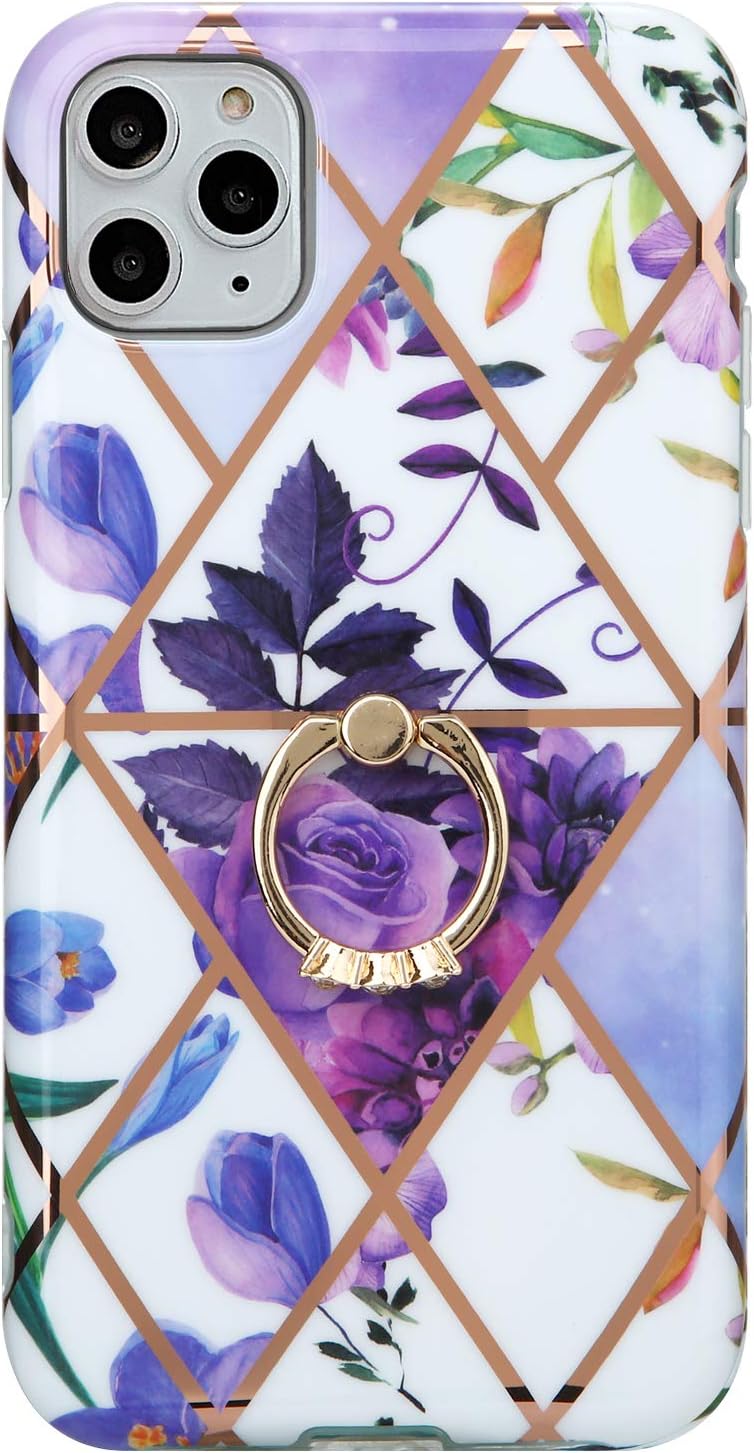 iPhone 11 Pro Case for Girls Women,Purple Floral Marble Design Glossy Slim Fit Shock Proof Soft TPU Full Body Protective Cover Case with 360 Degree Rotating Ring for iPhone 11 Pro
