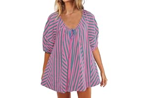 GOHRSHA Womens Striped Puff Sleeve V-Neck Swing Dress Flowy Babydoll Mini Dress Ruffle Casual Loose Sundress with Pockets
