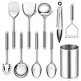 E-far Cooking Utensils Set, 10-Piece Stainless Steel Kitchen Utensils with Holder, Metal Heat Resistant Kitchen Cookware Tool Spatula Set for Cooking, Easy Clean & Dishwasher Safe