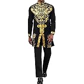 Mens African 2 Piece Set Zipper Nigerian Dashiki Metallic Shirt and Pants Outfit Gold Stamp Printed Long Traditional Suit