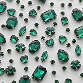 TANOSII Sew on Rhinestones 100 PCS Mixed Shapes Glass Rhinestones Sew on Crystal Gems Mental Flatback with Silver Claw for Jewelry Crafts Clothes Shoes Costume Garment Malachite Green