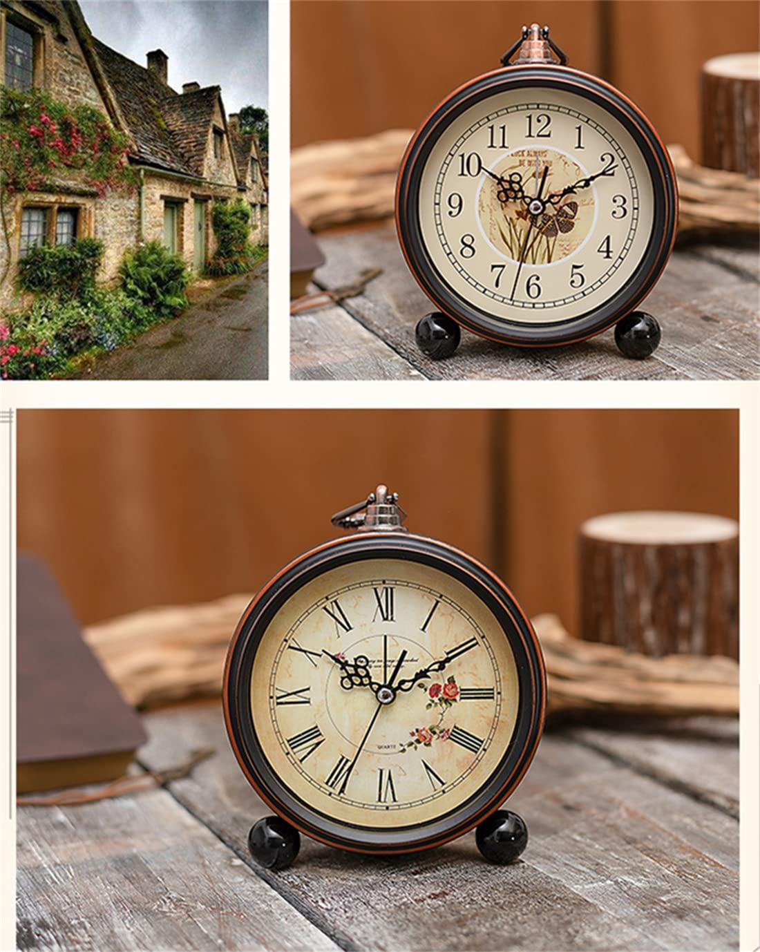 Alarm Clock Clock Clock Vintage Retro Old Fashion Decorative Quiet Non Tick Sweep Second Hand Quartz Analog Arabic Numerals Roman Numerals Metal Frame Desk Clock Battery Operated Loud Alarm (F)