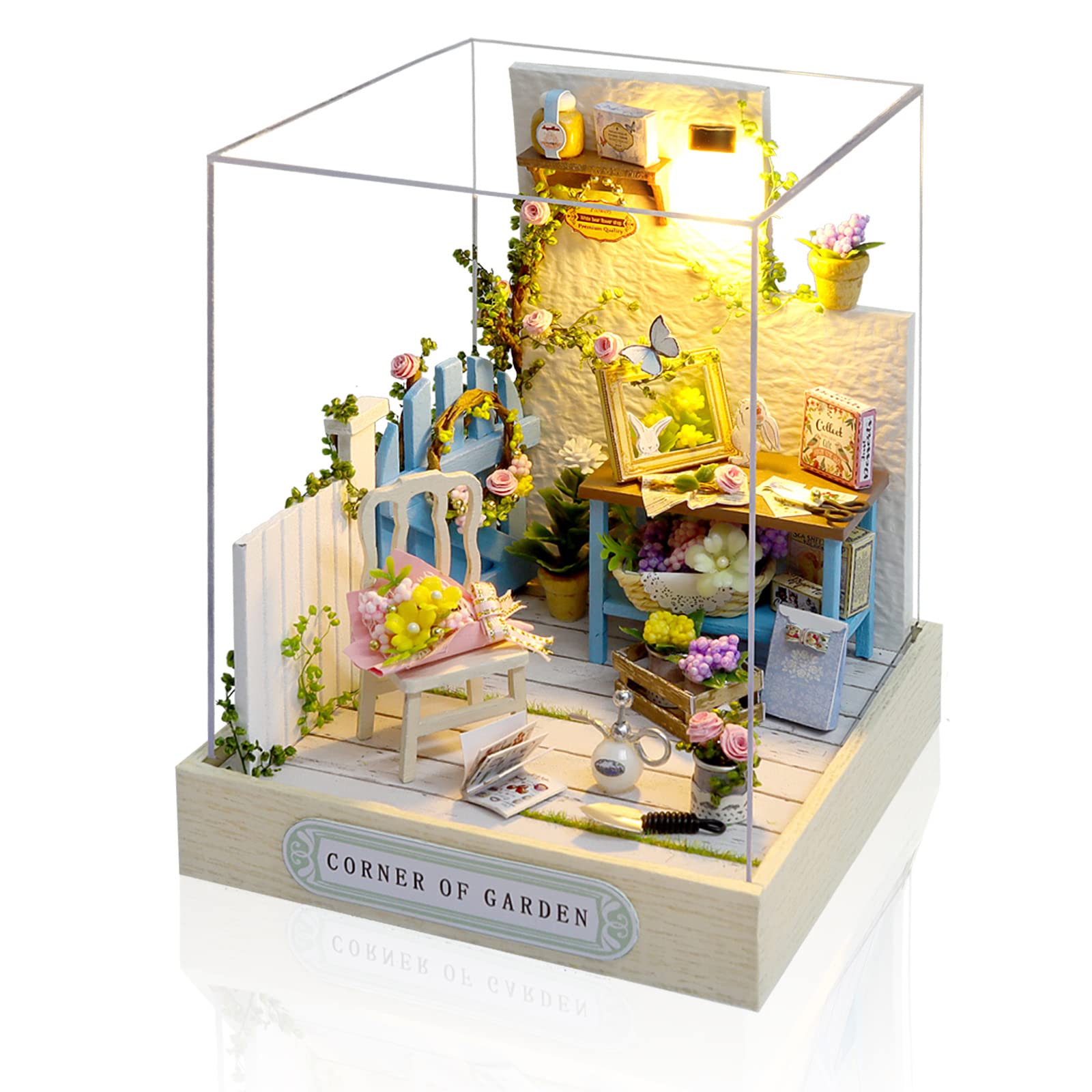 Cuteefun Miniature DIY Dolls House Kit, Wooden Doll house Kit with Furniture and Dust Cover, Handmade Crafts for Adults, Gift for Birthday, Christmas(Corner of Garden)