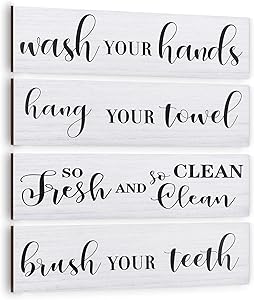 Jetec 4 Pieces Bathroom Wall Sign Wooden Wash Your Hand Brush Your Teeth Bathroom Sign Decor Rustic Vintage Wood Hanging Bathroom Wall Rules Sign Plaque for Farmhouse Home Laundry Bathroom Decoration