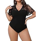 Milumia Women's Plus Size Lace Sheer Mesh Bodysuit Short Sleeve Shapewear Jumpsuit Going Out Top