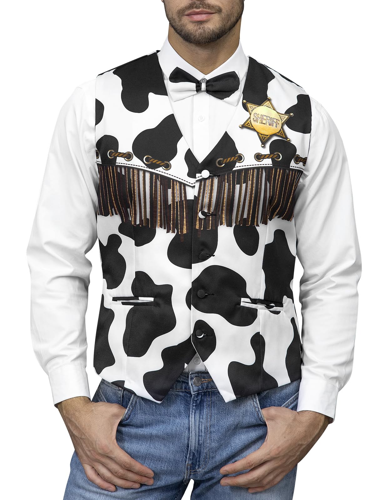 Photo 1 of LINOCOUTON Mens Cow Print Vest Western Cowboy Sheriff Halloween Costume Waistcoat with Bow Tie, Cowboy, Large