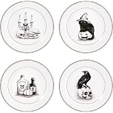 Bico Golden Vintage Halloween Black and White Ceramic 8.75 inch Salad Plates, Set of 4, Microwave Safe & Handwash Suggested, for Salad, Decoration